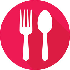White fork and spoon icons on a pink circular background with shadow cutlery eating
