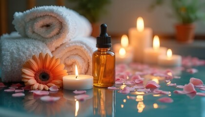 Softly lit spa setup with rolled towels, flower petals, burning candles, and essential oil bottle. This promotes calm, wellness, and therapeutic relaxation for mind and body.