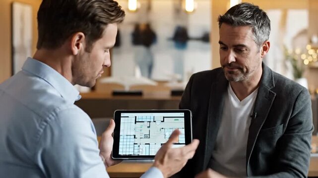 Two men discussing house floor plans on a tablet, collaborating on architectural design.