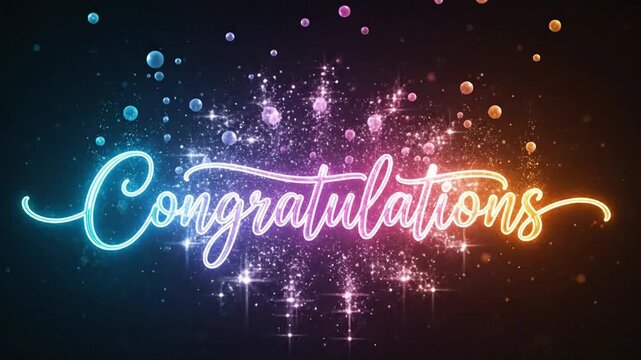 Colorful congratulations text animation with vibrant sparkles and bubbles over black