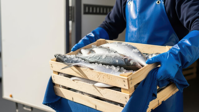 Worker in blue protective gloves carrying wooden crate filled with fresh whole fish at seafood processing facility, maintaining cold chain and food safety standards