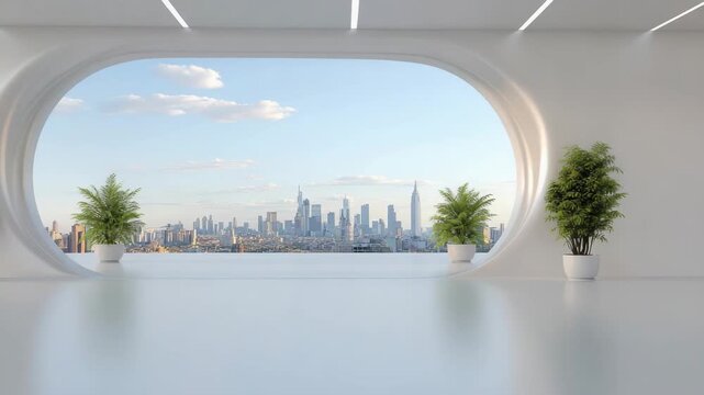 Modern bright minimal interior with large oval window framing city skyline panoramic view