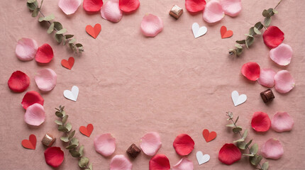 Obraz premium Soft pink romantic background with rose petals and heart confetti frame