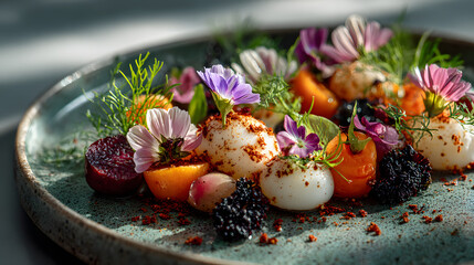 A plate of food with a variety of vegetables and fruits, including carrots