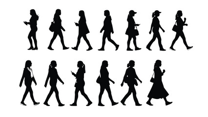 Fototapeta premium Collection of women walking in various poses and outfits on white background