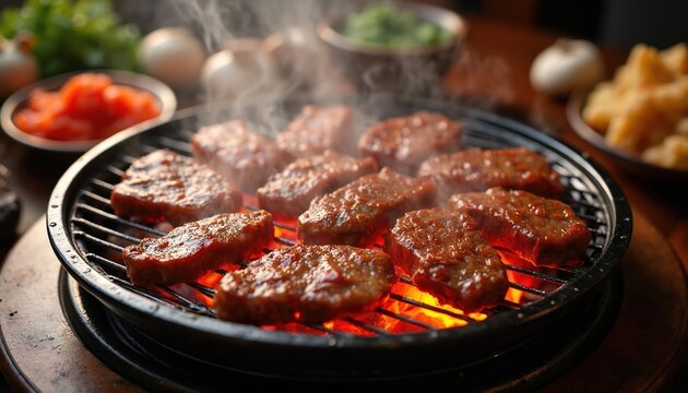 Marinated beef galbi cooks on hot grill with coals below. Steam rises from juicy meat alongside kimchi and other side dishes. A delicious Korean meal is prepared.