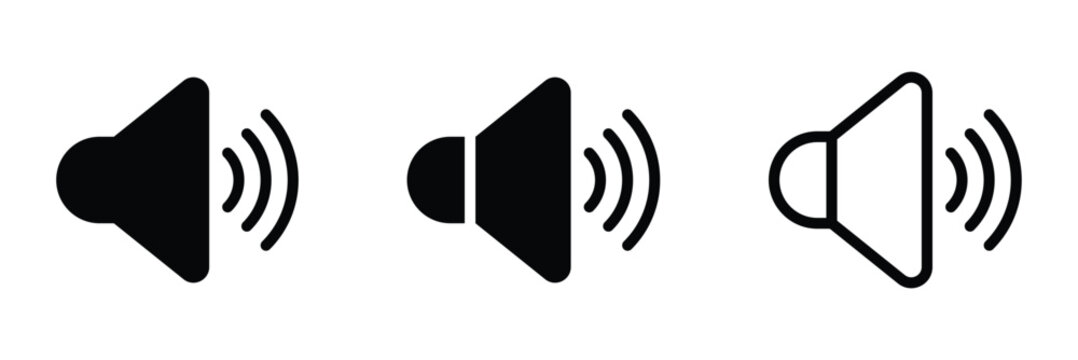 Speaker icons set. Audio, speaker icon on white background. Loudspeaker concept. Speaker sound icon with dynamic soundwaves for audio volume control icon for apps and websites.