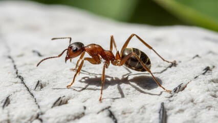 Close-up view of a reddish-brown ant on a textured light surface with sharp details.