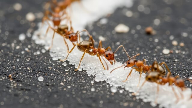 A close-up shot of a line of small red ants meticulously carrying white sugar granules along a dark, textured surface, showcasing their industrious nature.