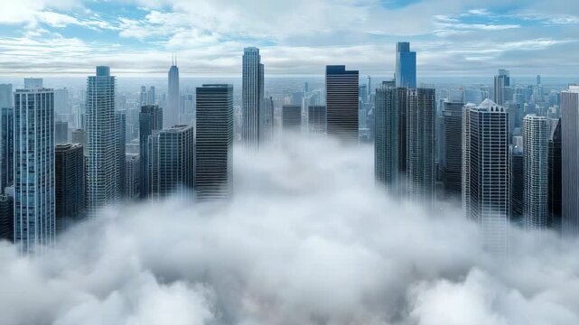 Skyscraper city skyline cloud inversion with foggy highrise panorama over serene blue sky and low