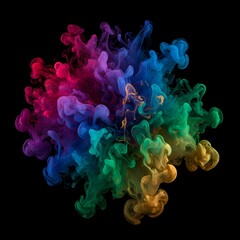 A vivid explosion of colorful smoke forms an abstract pattern against a black background.