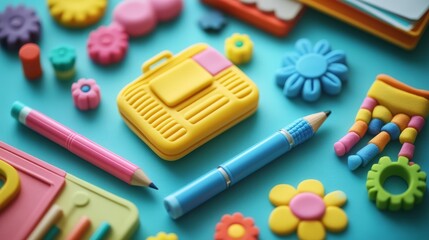 77.A vibrant, colorful set of learning accessories, including a cheerful ballpoint pen, a stylish briefcase, a wooden pencil, and a hardcover book, all designed in a soft, cute plasticine style with