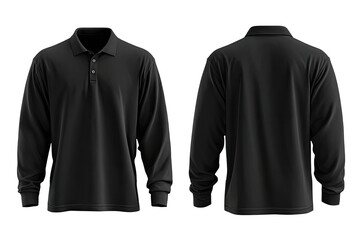 Black polo shirt, long sleeves, front and back views