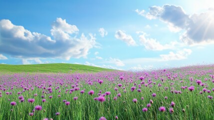 Fototapeta premium 1.A whimsical landscape of a rolling meadow dotted with clusters of vivid purple Blazing Star flowers, their feathery blossoms creating a sea of soft color under a bright blue sky.