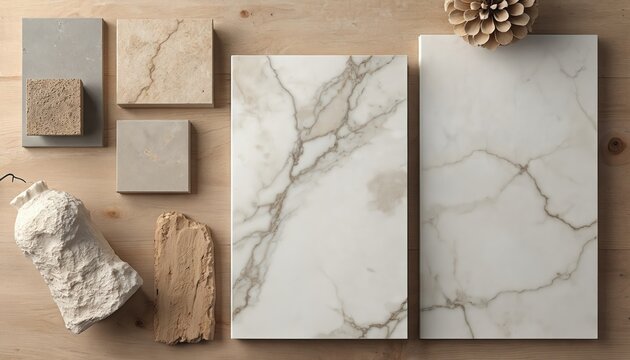 Flat lay of natural material samples marble, wood, stone, concrete textures in earthy tones. Interior design mood board with swatches for renovation projects.