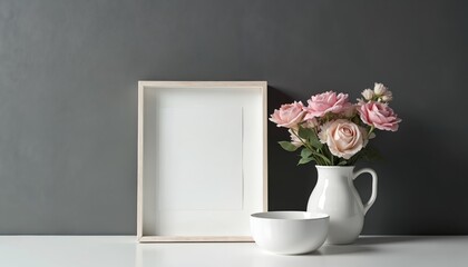 Minimalist composition with empty white frame next to vase of pink roses. Simple white bowl placed on table with dark grey background. Clean aesthetic for home decor or art display.