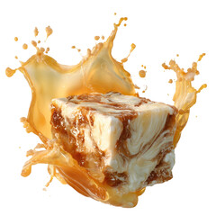 Caramel-swirled confection in liquid splash