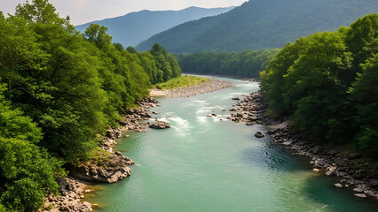 Title: A tranquil river flowing through a green valley with rocky riverbanks and surrounded by dense forest and distant mountains