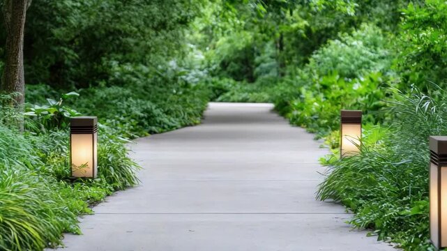 Garden pathway lit by lanterns concrete path lush green foliage outdoor walkway evening light