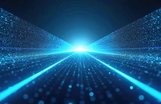 Abstract perspective of glowing blue digital data streams receding into bright light. Network particles forming lines and curves create futuristic tunnel effect. Clean bright motion background.