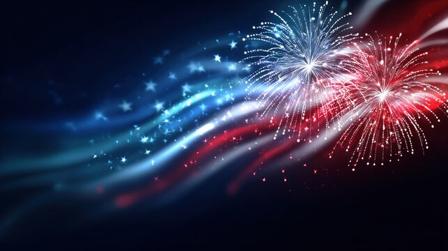 Colorful fireworks burst against a dark background, blending with the flowing red, white, and blue of an American flag design.