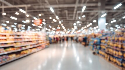 A blurred view of a grocery store aisle filled with shelves of products and shoppers in the background.