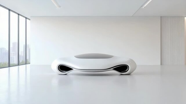 Futuristic white pod sofa minimal modern lounge with serene bright motion and city view