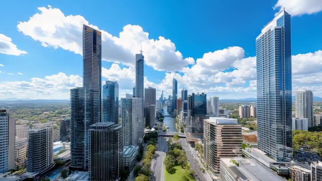 Modern city skyline river skyscraper reflection blue sky cloud with vibrant airy riverfront towers