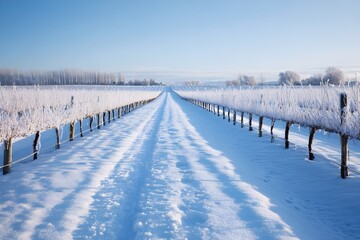 Snow-covered vineyard rows forming leading lines revealing serene geometric patterns across tranquil winter farmland