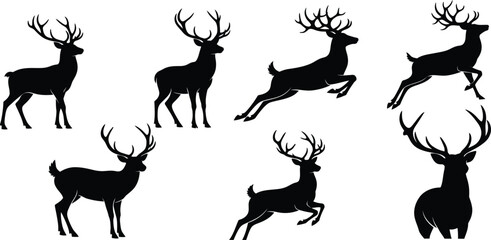 Collection of black silhouettes depicting majestic deer in various poses and attitudes