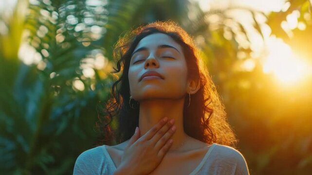 A woman is sitting in a forest and is looking at the sun