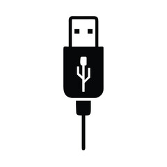 A black and white icon of a USB connector with its symbol on a white background.