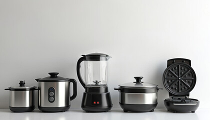 Group of modern kitchen appliances including blender pot electric kettle rice cooker and waffle maker. Small home gadgets for cooking and food preparation are arranged on table.