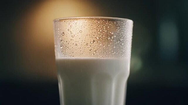 Cinematic Close-Up of Cold Milk Glass with Condensation