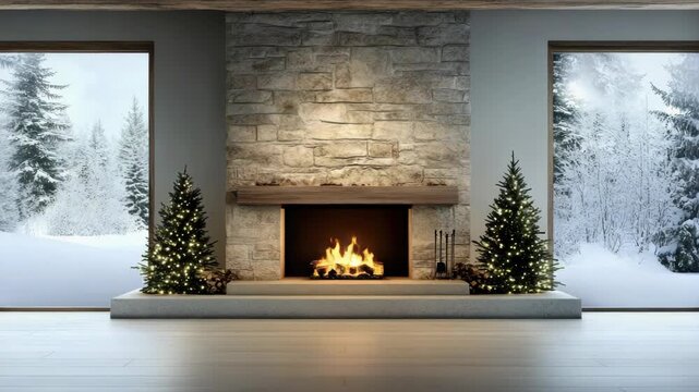 Cozy modern living room stone fireplace with lit small Christmas tree snowy winter view