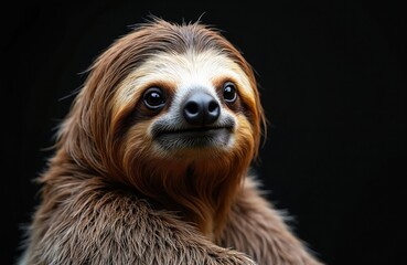 Naklejka premium Close up portrait of a sloth face against black background. Fur details and calm expression visible. Gentle mammal with long claws and innocent look.