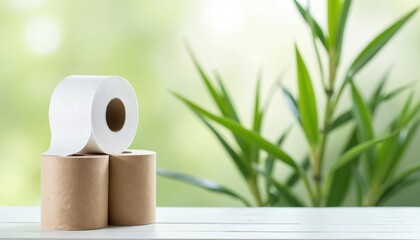 Three rolls of toilet paper, one white on top of two brown, sit on a table with green bamboo leaves behind. Promoting natural, sustainable home comfort and hygiene.