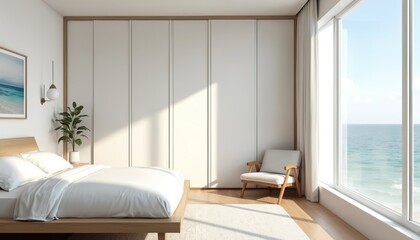 Minimalist bedroom features white bed, wood accents and armchair. Large window offers ocean view. Sunlit room with plant decor. Serene atmosphere.