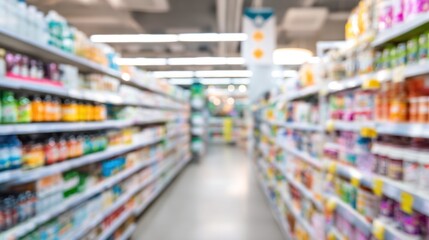 Fototapeta premium A blurred view of a grocery store aisle filled with various colorful products on shelves.
