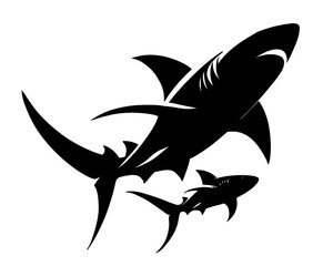 silhouette of a shark and its baby, vector illustration 
