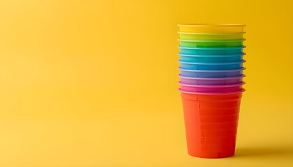 Stacked Colorful Plastic Cups on Yellow Background