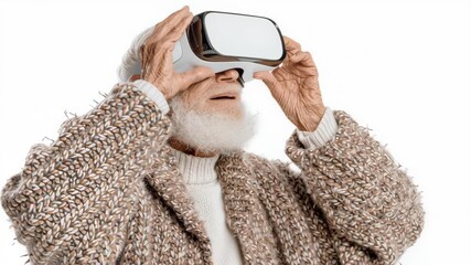 Elderly man wearing virtual reality headset exploring immersive digital world with curiosity and focus, dressed in cozy knitted sweater and white beard visible, technology enhancing exploration - Powered by Adobe