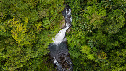 Drone Photo of Waterfall in Dense Forest – Gomblang Waterfall from Above, Java Island, Indonesia
