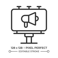 Billboard pixel perfect line icon. Large outdoor advertising structure. Information shield. Road infrastructure. Isolated vector illustration. Outline symbol. Simple linear drawing. Editable stroke