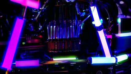 Futuristic computer interior with glowing neon tubing
