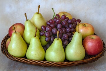 Pears apples and grapes in woven basket fruit