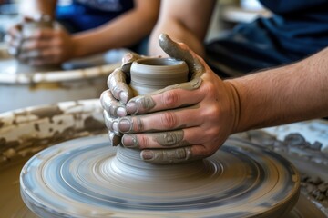 Hands shaping clay on a spinning pottery wheel, creating art