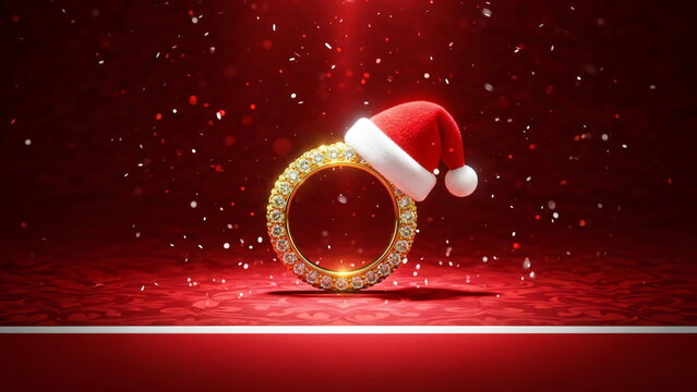 Golden ring with a santa hat on a red background with glowing lines. Christmas jewelry concept for holiday advertising.