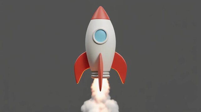 A cute cartoon rocket with red fins and a blue window launching into the sky with smoke.