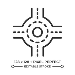 Roundabout pixel perfect line icon. Circular traffic junction with island inside. Road infrastructure. Isolated vector illustration. Outline symbol. Simple linear drawing. Editable stroke
